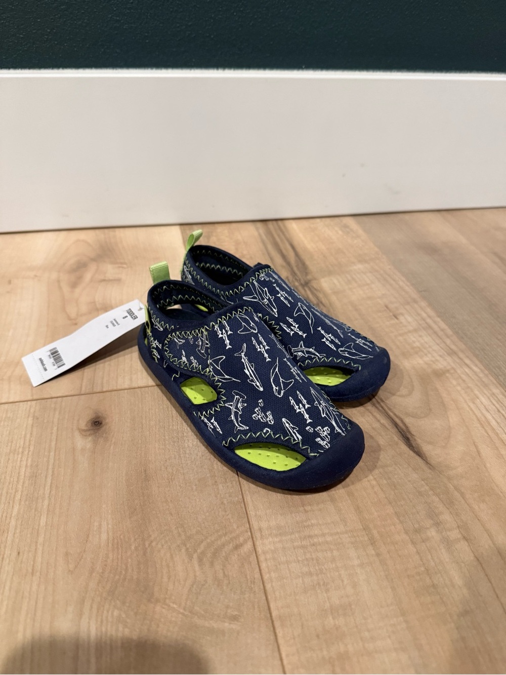 OshKosh B'gosh Navy Blue Shark Water Shoes with Lime Accents